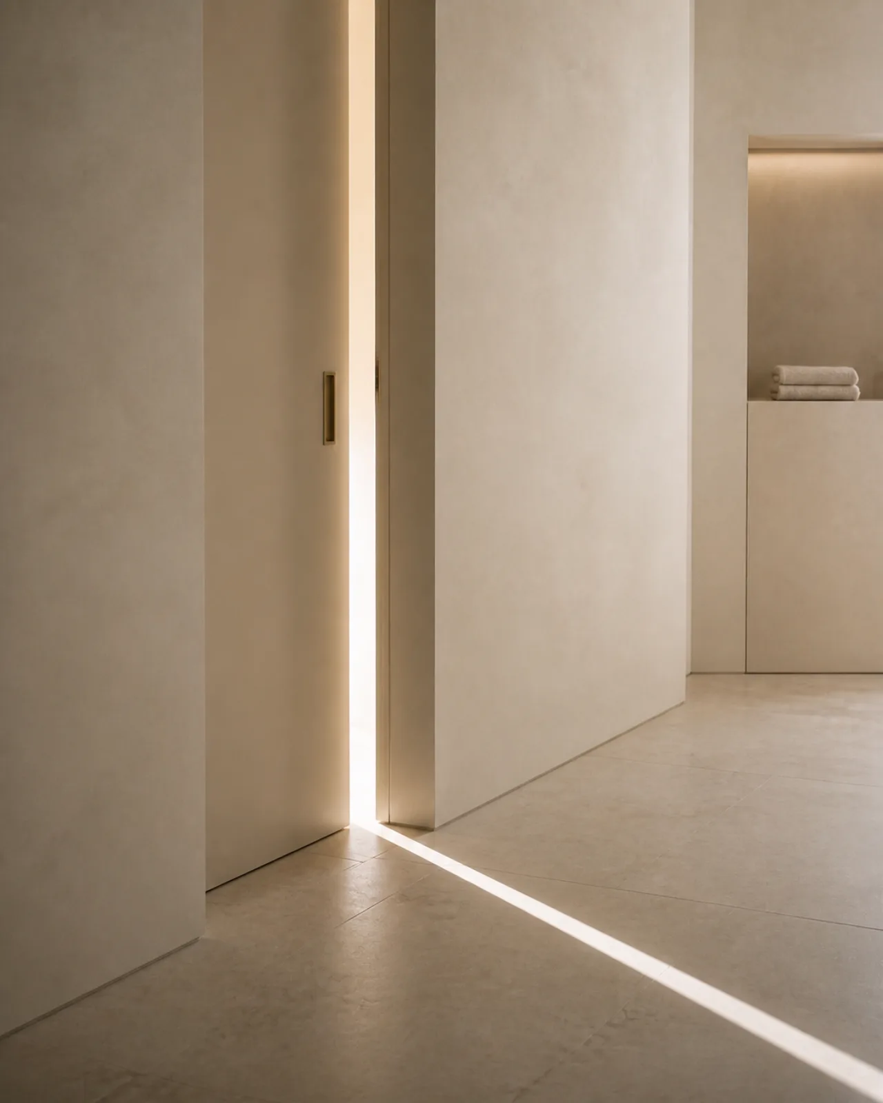 Pasillo de una clínica de estética, con una línea de luz natural marcando el recorrido entre las salas