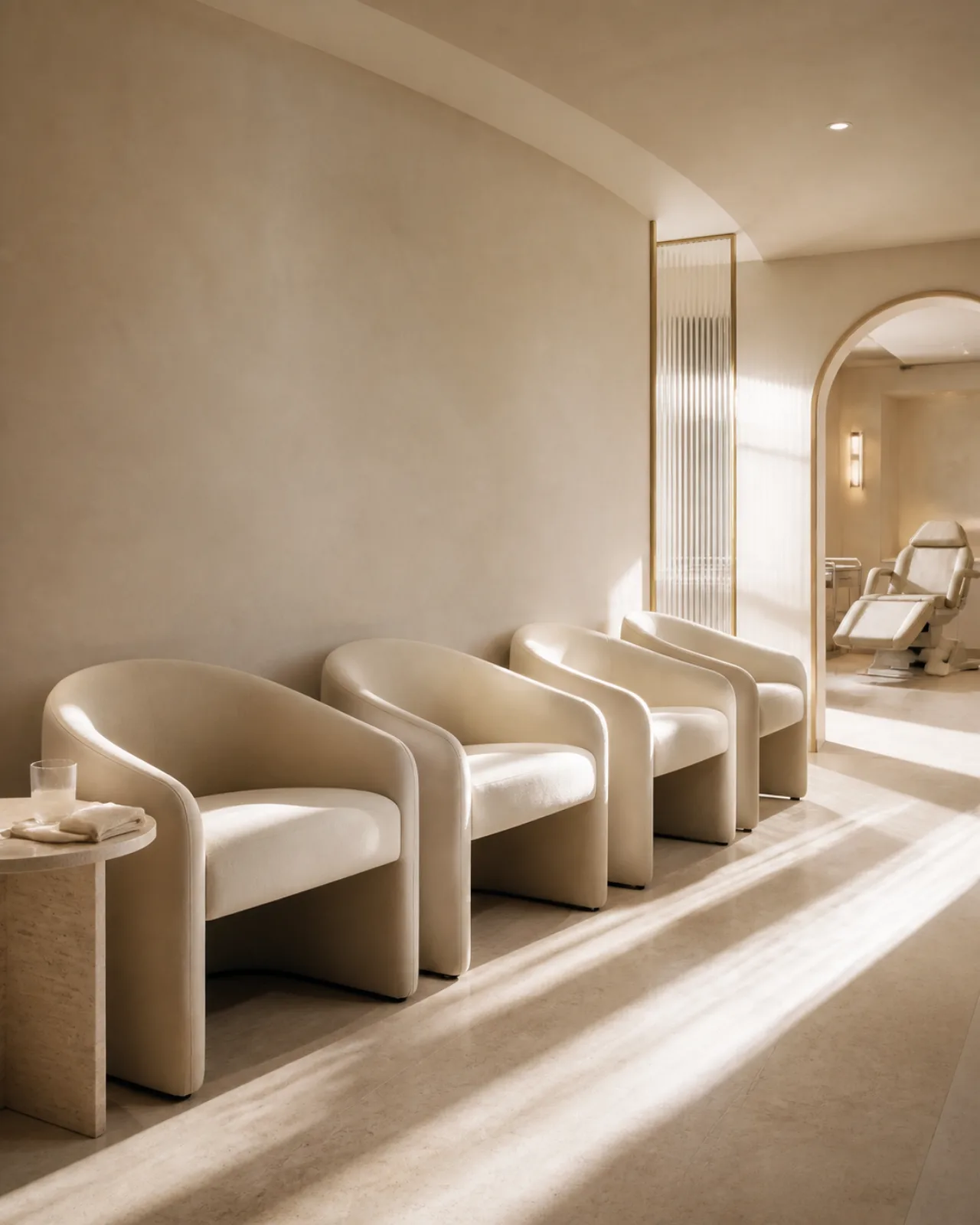 Sala de espera de una clinica, con los sillones vacios y luz natural